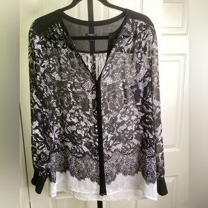 Ann Taylor Sheer Black and White Long Sleeve Blouse, size Medium